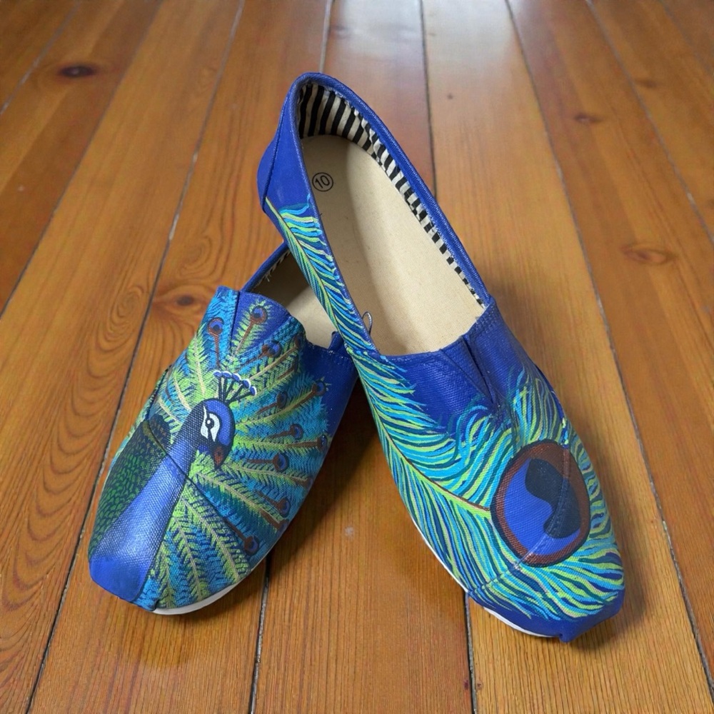 Hand Painted Slip On Tennis Shoes Casual Peacock 10